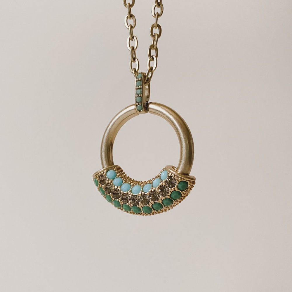 Lia Sophia Boho Blue Green Rhinestone Hoop Slider Pendant Gold Chain Necklace